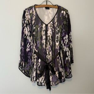 NWT TribaL Woman’s M Chiffon Sheer Lined Top with Tie Waist  Bell Sleeve